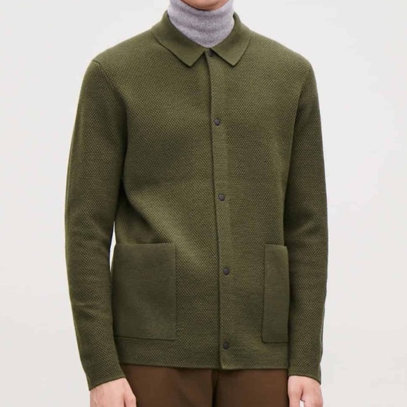 ♦️SOLD♦️COS Men’s Olive Green 100% Wool Textured Snap Closure Collared Sz M - Picture 3 of 3